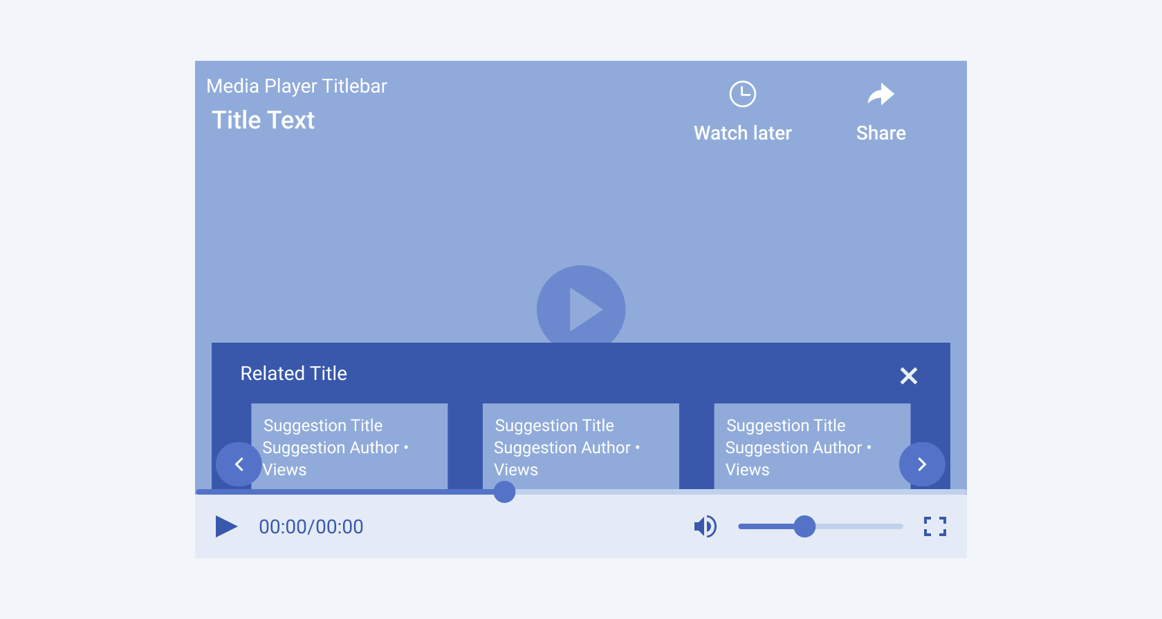 The Telerik and Kendo UI MediaPlayer component including the suggested videos section, Share and Watch Later buttons. The Telerik and Kendo UI MediaPlayer component demonstrating the pause overlay.