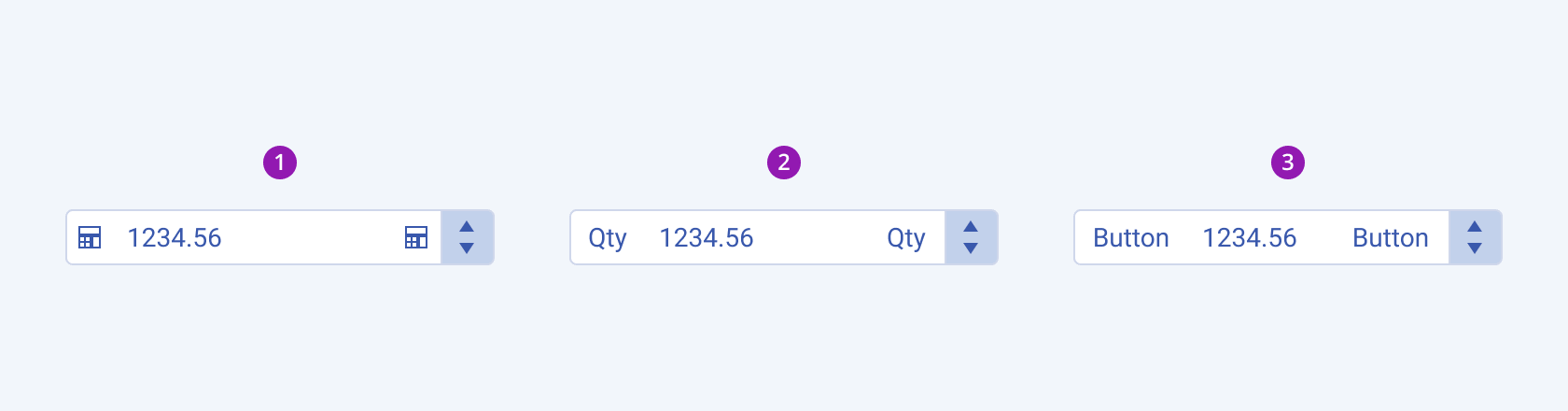 Different types of prefix and suffix content of a Telerik and Kendo UI NumericTextBox including icons, symbols, texts, and buttons. A Telerik and Kendo UI NumericTextBox component with different types of prefix and suffix content.