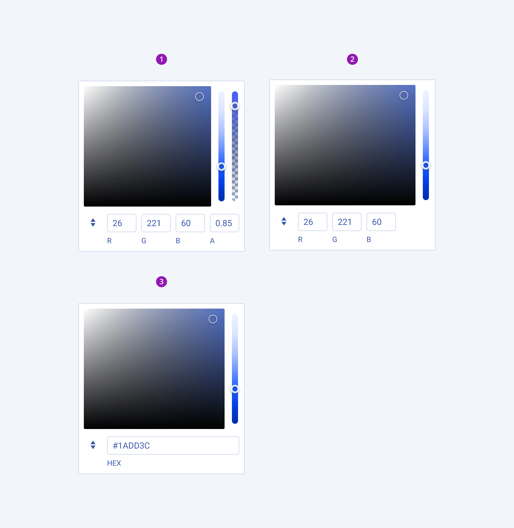 The three variants of the Telerik and Kendo UI ColorGradient The three variants of the Telerik and Kendo UI ColorGradient, including ColorGradients with RGBA, RGB, and HEX modes